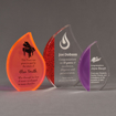 Three ColorCast™ Flame Acrylic Awards grouped showing orange neon, red glitter and purple accent color options.