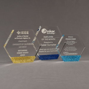 Three ColorCast™ Hexagon Acrylic Awards grouped showing gold glitter, dark blue glitter and light blue glitter accent color options.