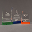 Three ColorCast™ Meridian Acrylic Awards grouped showing green glitter, blue transparent and orange accent color options.