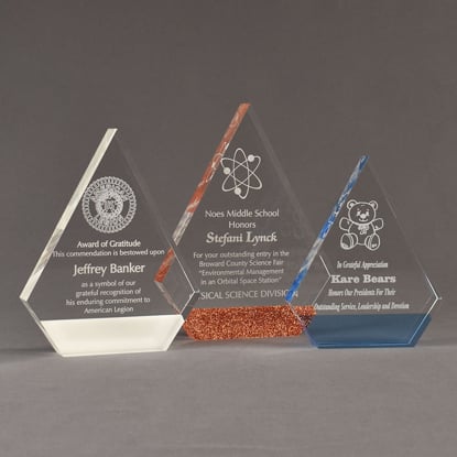 Three ColorCast™ Peak Acrylic Awards grouped showing white, copper glitter and light blue transparent accent color options.