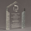 Angle view of ColorCast™ 8" Pillars Acrylic Award with silver glitter color highlight showing trophy laser engraving.