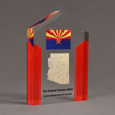 Angle view of ColorCast™ 7" Pillars Acrylic Award with red color highlight showing full color imprint.