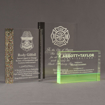 Three ColorCast™ Rectangle Acrylic Awards grouped showing multi glitter, smoke transparent and neon green accent color options.