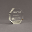 Angle view of Composites™ 5" Octagon Acrylic Award with Platinum Grey Staron® accent showing trophy laser engraving.