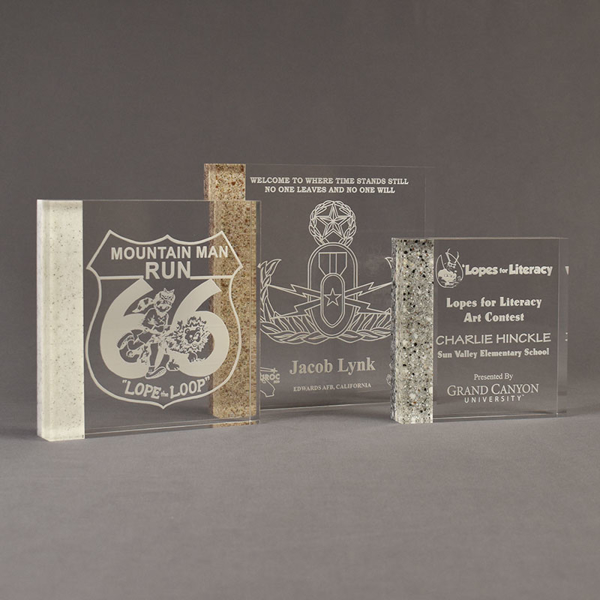 Three Composites™ Square Acrylic Awards grouped showing Staron® Sanded White Pepper, Aspen Brown and Platinum Grey accent options.