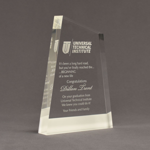 Angle view of ColorCast™ 8" Apex Acrylic Award with white color highlight showing trophy laser engraving.