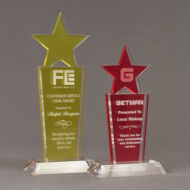 Two Lucent™ Brilliant Acrylic Awards grouped showing lemon yellow and cardinal translucent accent color options.