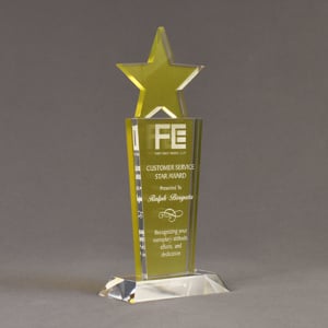 Angle view of Lucent™ 10" Brilliant Acrylic Award with translucent lemon yellow color highlight showing trophy laser engraving.