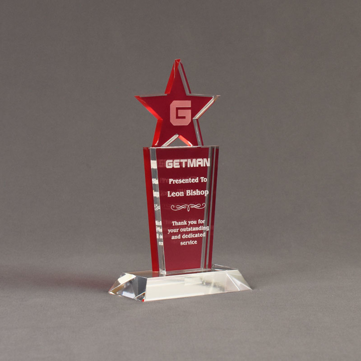 Angle view of Lucent™ 8" Brilliant Acrylic Award with translucent cardinal color highlight showing trophy laser engraving.