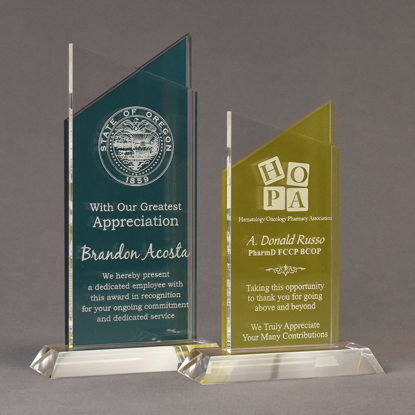 Two Lucent™ Candescent Acrylic Awards grouped showing azure and lemon yellow translucent accent color options.
