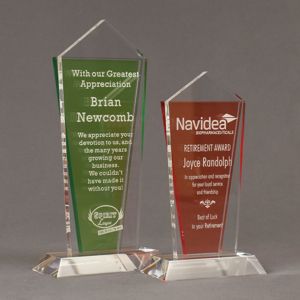 Two Lucent™ Dazzle Acrylic Awards grouped showing apple green and tangerine translucent accent color options.