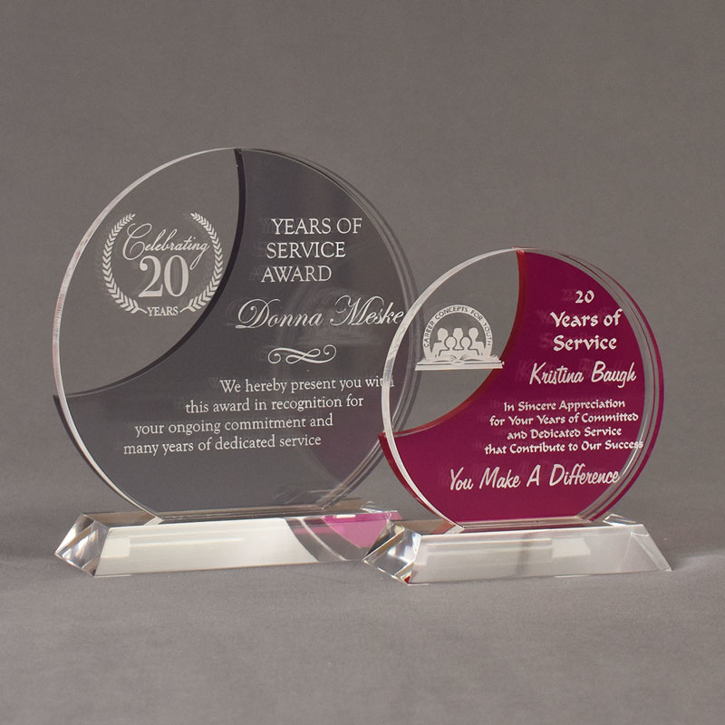 Two Lucent™ Eclipse Acrylic Awards grouped showing smoke and fuchsia translucent accent color options.