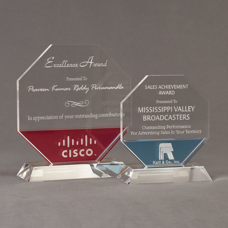 Two Lucent™ Lambent Acrylic Awards grouped showing cardinal and sky blue translucent accent color options.