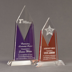Two Lucent™ Luminous Acrylic Awards grouped showing royal purple and tangerine translucent accent color options.