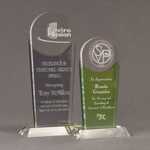 Two Lucent™ Radiant Acrylic Awards grouped showing smoke and apple green translucent accent color options.