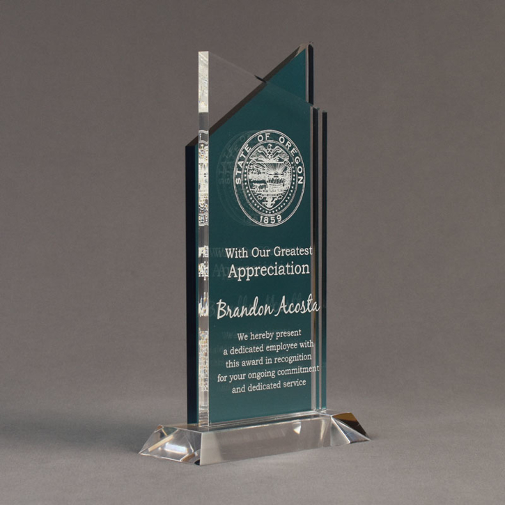 Angle view of Lucent™ 10" Candescent Acrylic Award with translucent azure color highlight showing trophy laser engraving.