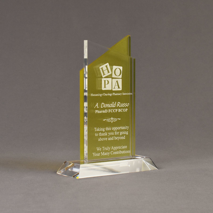 Angle view of Lucent™ 8" Candescent Acrylic Award with translucent lemon yellow color highlight showing trophy laser engraving.