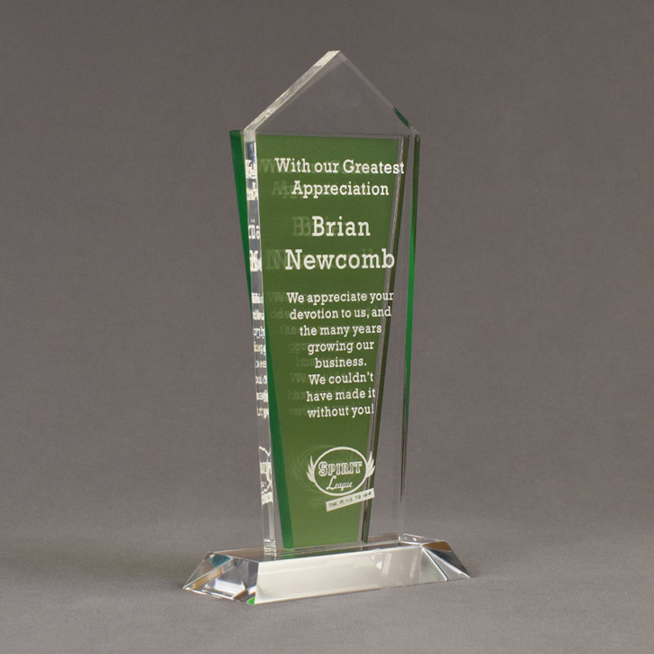 Angle view of Lucent™ 10" Dazzle Acrylic Award with translucent apple green yellow color highlight showing trophy laser engraving.