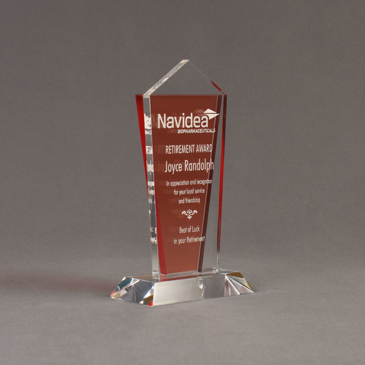Angle view of Lucent™ 8" Dazzle Acrylic Award with translucent tangerine color highlight showing trophy laser engraving.