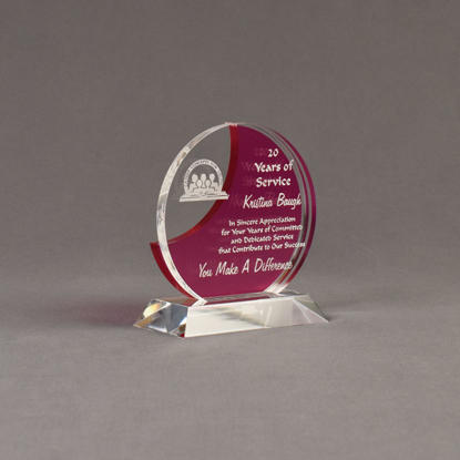 Angle view of Lucent™ 5" Eclipse Acrylic Award with translucent fuchsia color highlight showing trophy laser engraving.