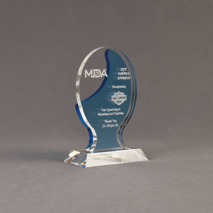 Angle view of Lucent™ 6" Glow Acrylic Award with translucent azure color highlight showing trophy laser engraving.