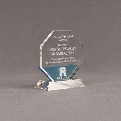 Angle view of Lucent™ 5" Lambent Acrylic Award with translucent sky blue color highlight showing trophy laser engraving.