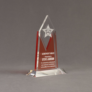 Angle view of Lucent™ 8" Luminous Acrylic Award with translucent tangerine color highlight showing trophy laser engraving.