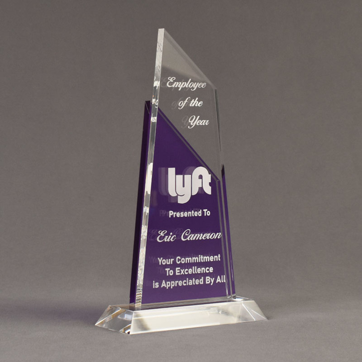 Angle view of Lucent™ 10" Lustrous Acrylic Award with translucent royal purple color highlight showing trophy laser engraving.