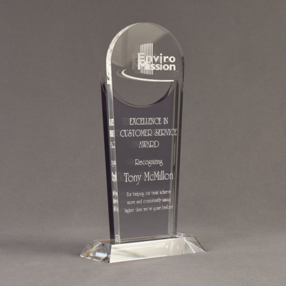 Angle view of Lucent™ 10" Radiant Acrylic Award with translucent smoke color highlight showing trophy laser engraving.