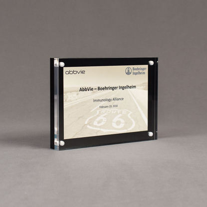 Angle view of Allure™ 5" x 7" Acrylic Entrapment Award with printed Boehringer Ingelheim message placed between black back and clear acrylic.