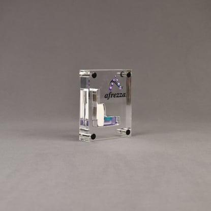 Angle view of x-small Allure™ Acrylic Encasement Award with medical inhaler encased into clear acrylic showing full color imprint.