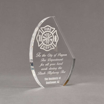 Angle view of 7" Aspect™ Crescent Acrylic Award featuring laser engraved fire logo and text.