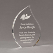 Angle view of 8" Aspect™ Flame™ Acrylic Award featuring laser engraved book logo and retirement text.