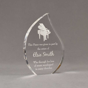 Angle view of 7" Aspect™ Flame™ Acrylic Award featuring laser engraved piano and appreciation award text.