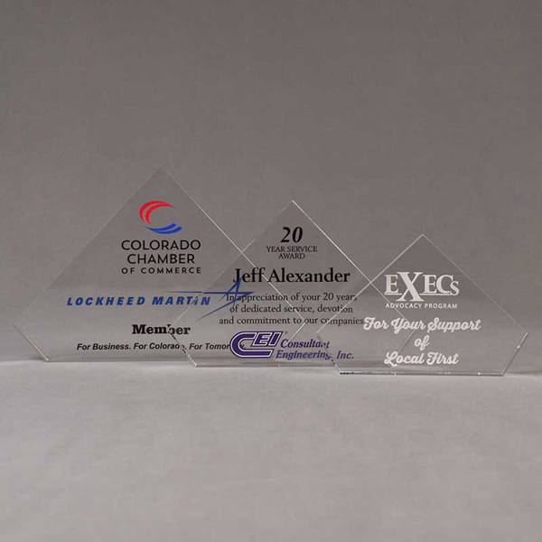 Aspect™ Flat Peak Acrylic Award Grouping showing all three sizes of acrylic trophies.