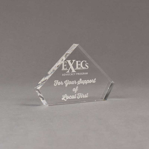 Angle view of 4" Aspect™ Flat Peak™ Acrylic Award featuring laser engrave Exec's logo and thank you text.