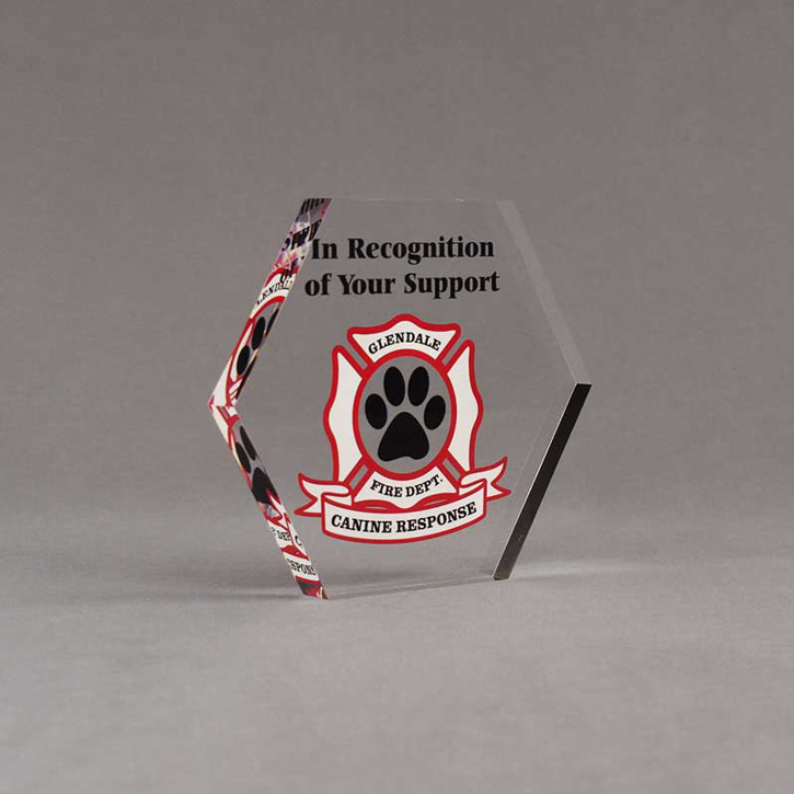 Angle view of 5" Aspect™ Hexagon™ Acrylic Award featuring Glendale Fire Department logo printed in full color with black text.