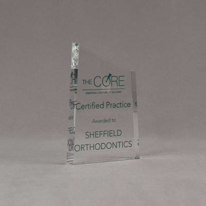 Angle view of 6" Aspect™ Meridian™ Acrylic Award featuring CORE logo and certified practice text printed in full color.