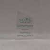 Front view of 6" Aspect™ Meridian™ Acrylic Award featuring CORE logo and certified practice text printed in full color.