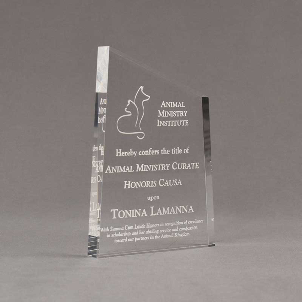 Angle view of 7" Aspect™ Meridian™ Acrylic Award featuring Animal Ministry logo laser engraved with Honoris Causa text.