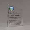 Angle view of 8" Aspect™ Meridian™ Acrylic Award featuring Alaska State Seal in full color with retirement award text printed.
