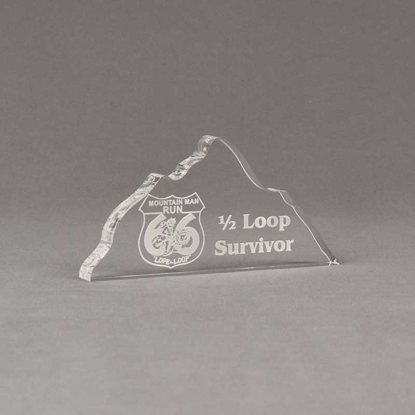 Angle view of Aspect™ 6" Mountain™ Acrylic Award featuring laser engraved Mountain Man 66 logo with 1/2 loop survivor text.