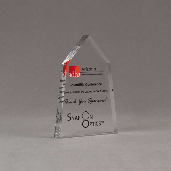 Angle view of Aspect™ 6" Obelisk™ Acrylic Award featuring ADHA logo printed in full color with thank you for sponsorship text.