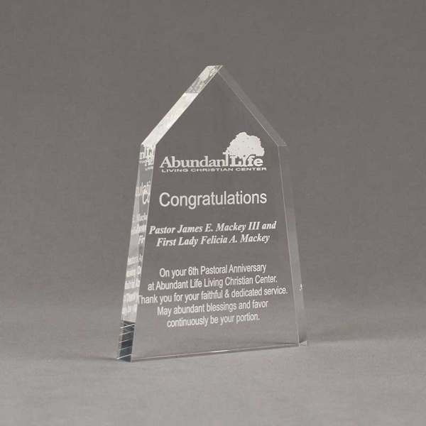 Angle view of Aspect™ 7" Obelisk™ Acrylic Award featuring laser engraved Abundant Life logo and congratulations pastor text.