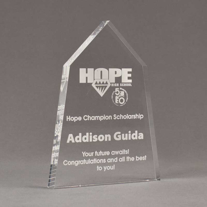 Angle view of Aspect™ 8" Obelisk™ Acrylic Award featuring laser engraved HOPE High School logo and champion scholarship text.