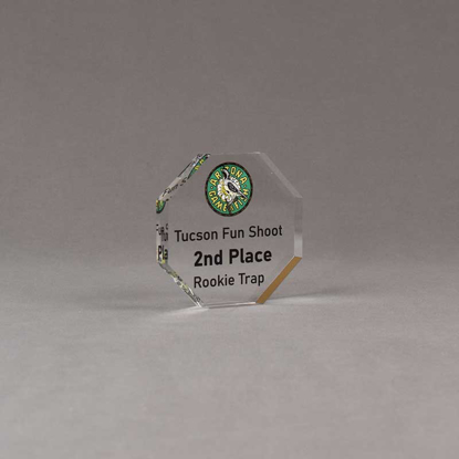 Angle view of Aspect™ 3" Octagon™ Acrylic Award featuring Arizona Game and Fish logo printed in full color with 2nd Place text.