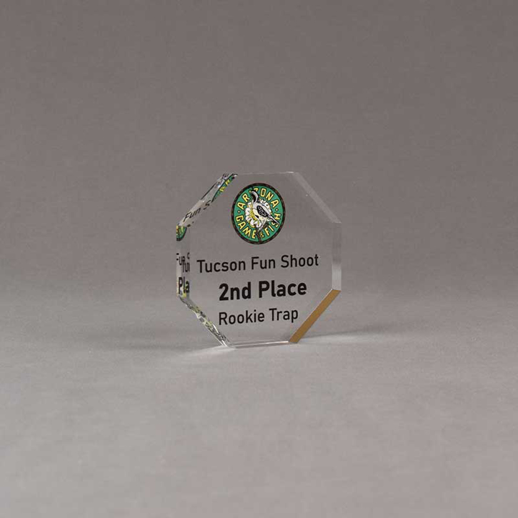 Angle view of Aspect™ 3" Octagon™ Acrylic Award featuring Arizona Game and Fish logo printed in full color with 2nd Place text.