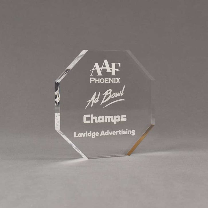 Angle view of Aspect™ 5" Octagon™ Acrylic Award featuring laser engraved AAF Phoenix logo and Champs text.
