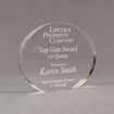 Angle view of Aspect™ 6" Oval™ Acrylic Award featuring laser engraved Lincoln Property Company logo and Top Gun Award text.