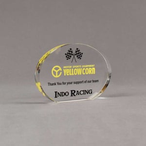 Angle view of Aspect™ 4" Oval™ Acrylic Award featuring Yellow Corn Motor Sports logo printed in full color with Indo Racing text.